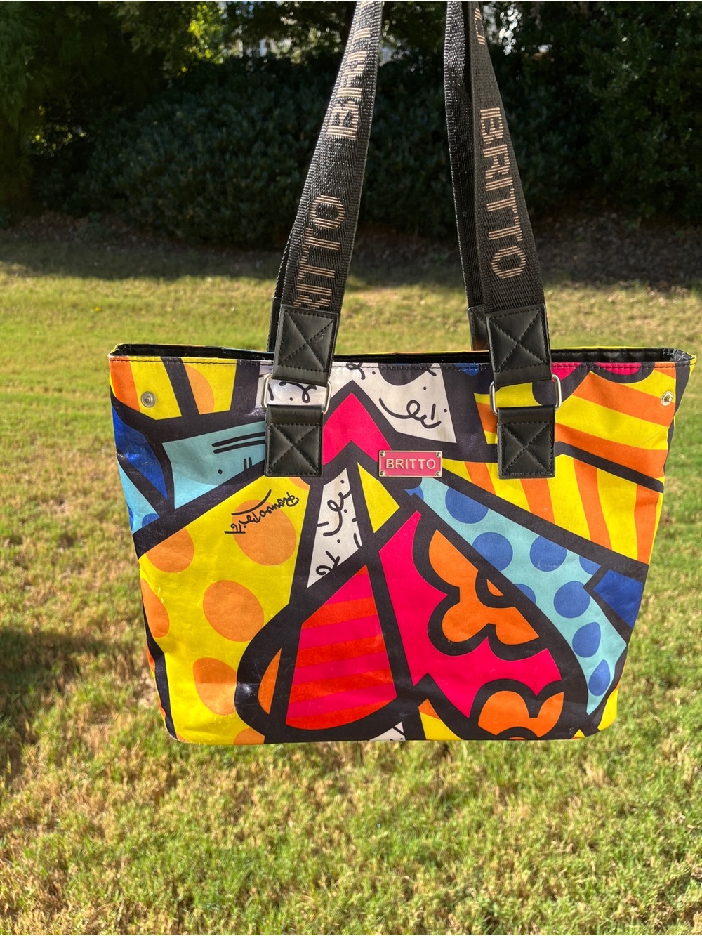 Romero Britto 1990 Vintage Heart Multicolor Graphic Tote Bag Zipper Top